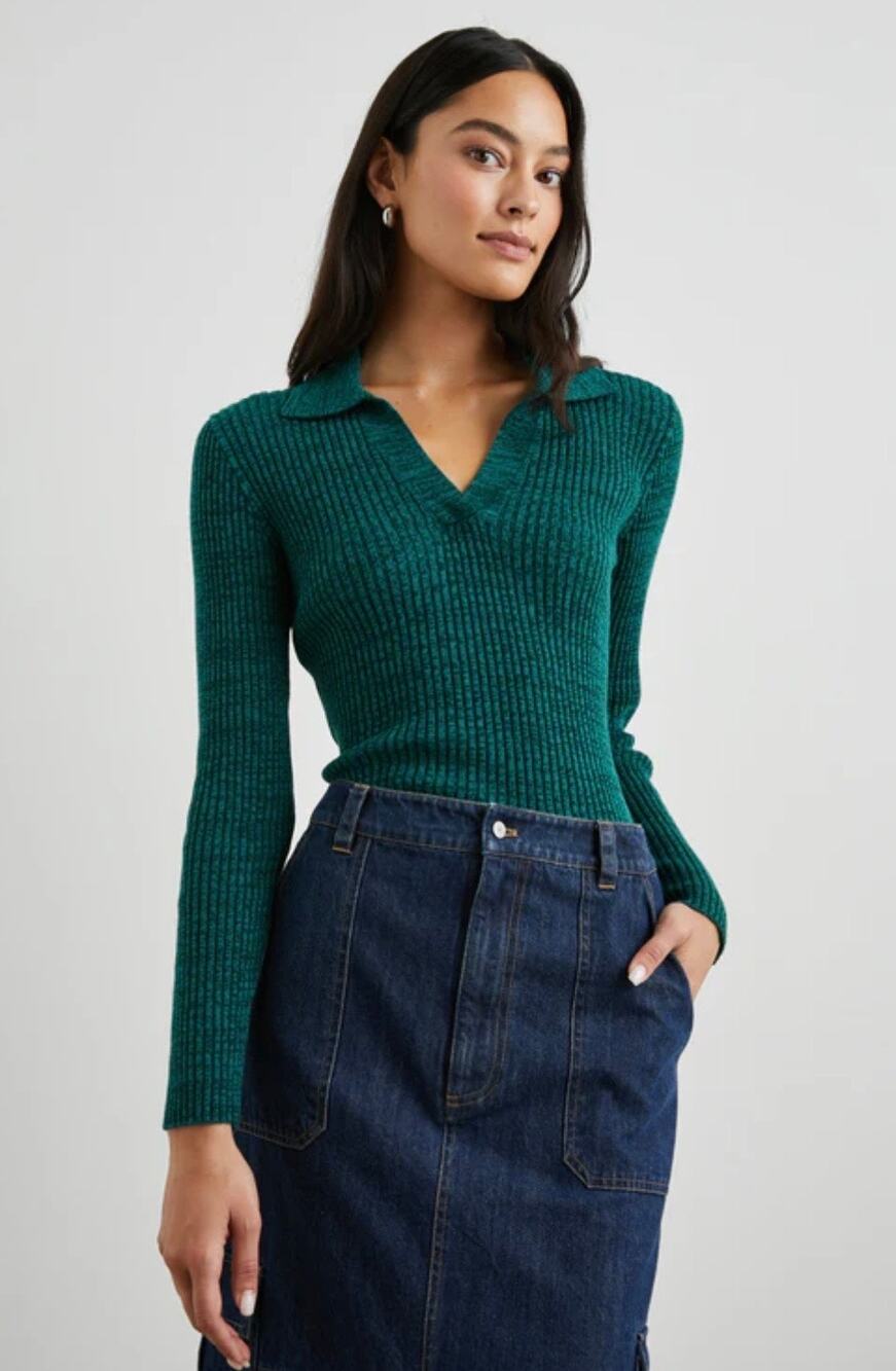 Rails Kennedy Long Sleeve Shirt Ribbed Stretchy Evergreen Turquoise Large Top
